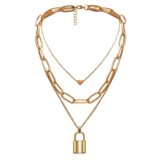 Round and Flat Coin Three Layered Lock And Heart Necklace Gift