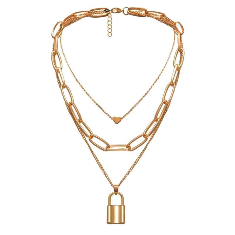 Round and Flat Coin Three Layered Lock And Heart Necklace Gift