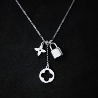 Clover And Lock Charm Necklace Gift