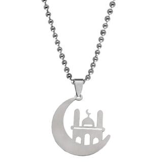 M Men Style Mosque in Crescent Moon Muslim Allah Pendant Islamic Necklace Jewelry Silver Stainless Steel For Men And Women