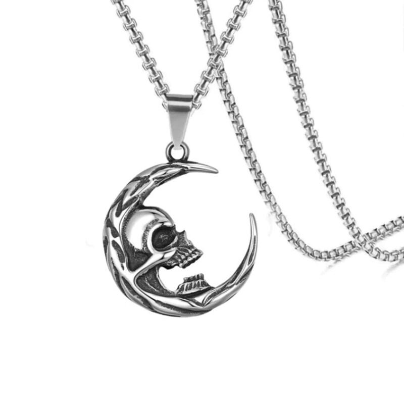 Skull Head Crescent Moon Necklace Gift