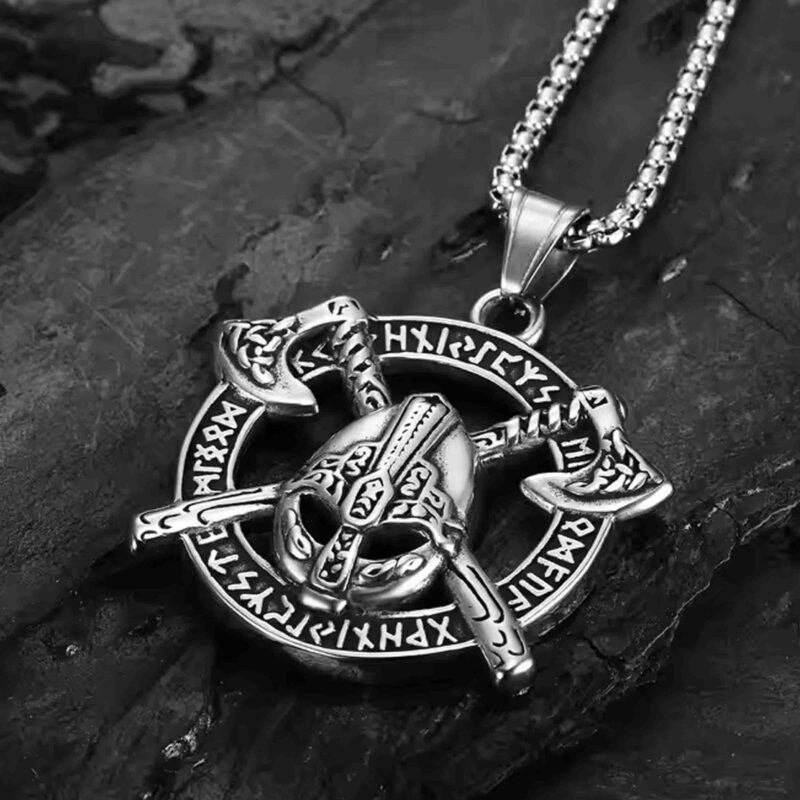 Axe & Germanic Runes Nordic Warriors Tribal Necklace Gift Silver