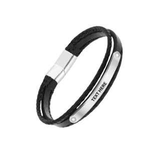 Personalised Layer Leather Bracelet Gift Silver