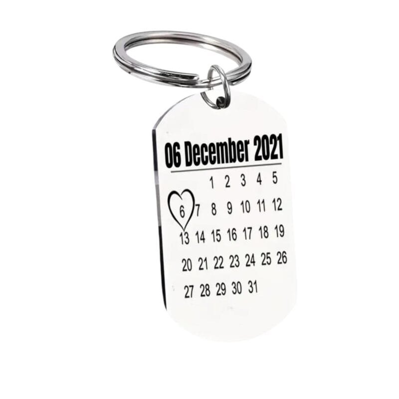 Rectangular Calendar Custom Date Keychain GiftCustomized Text : Enter your coordinates, names, special symbols, a message, or inspirational words to design your own keychain. Exclusive Gifts:This custom date keychain is a lovely gift for your best friend, girlfriend, boyfriend, wife, husband, daughter, son, mom, beloved one on Birthday, Graduation, Valentine's Day, Christmas, Mother's Day,Weddings, and Anniversaries. Comes in a gift box, ready for gift giving occasions High Quality: Men's Women keyrings & keychains are made of 316L stainless steel, strong corrosion resistance, durable. Square Pendant Size:1.57*0.98 inch/40*25mm; Key Ring Diameter:0.98 inch/25mm.